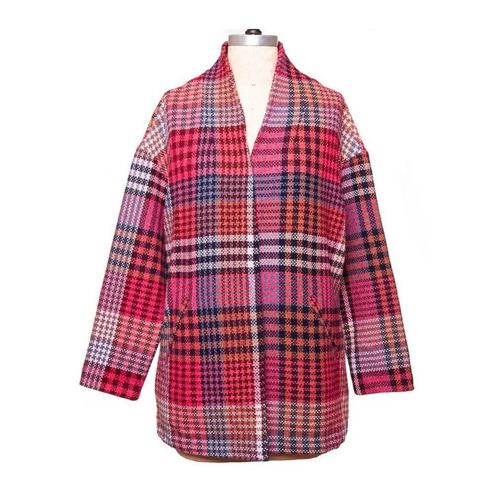 Rachel Zoe Pink Blue Plaid Woven Wool Blend Jacket Coat Size Small
